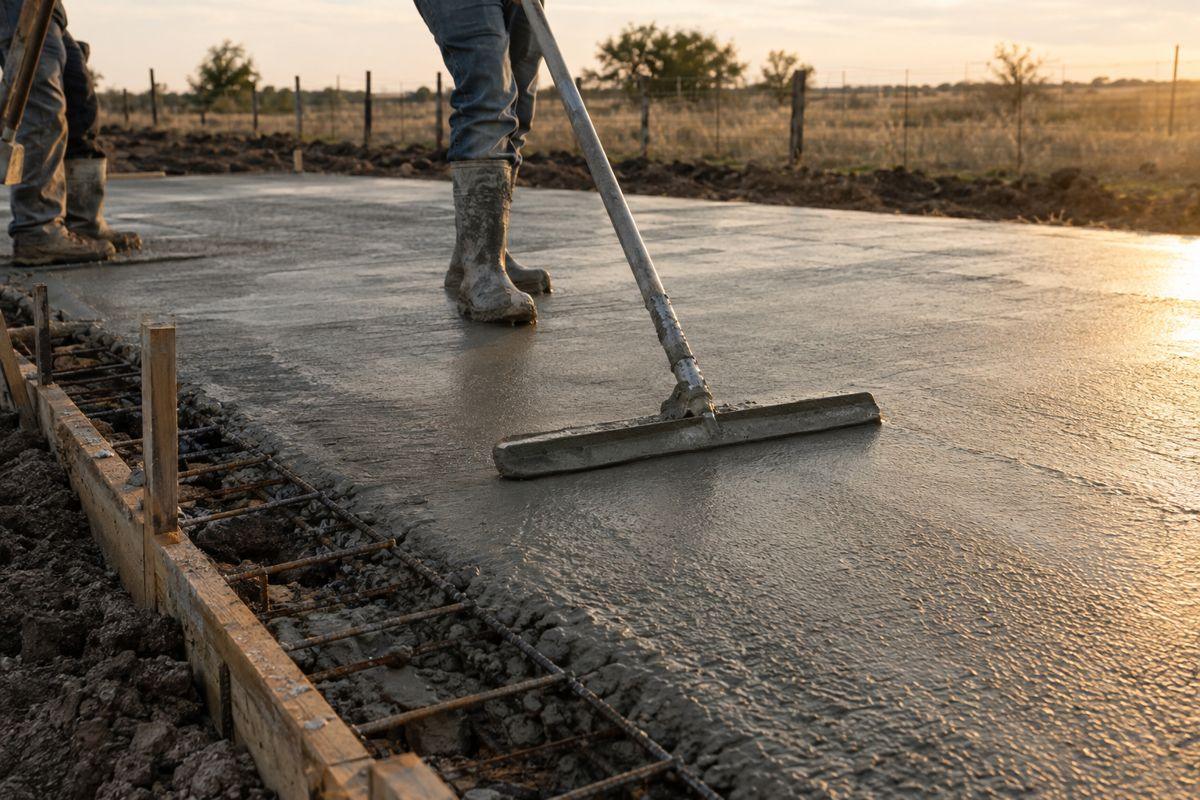 Concrete crew floating a fresh slab with rebar visible at the form edge