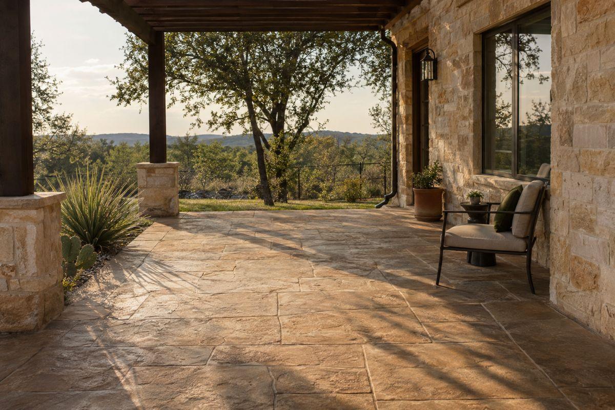 Stamped concrete patio in a slate pattern behind a Texas home